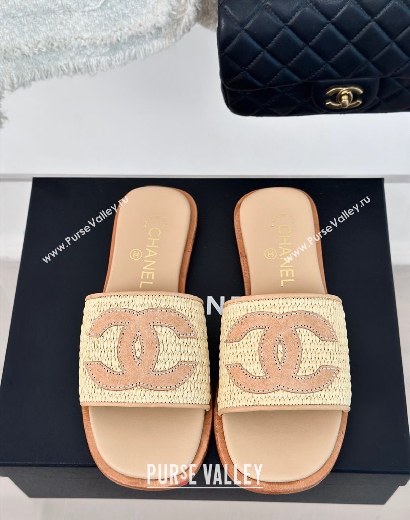 Chanel Raffia Straw Flat Slide Sandals Beige 2024 0424 (MD-240424149)