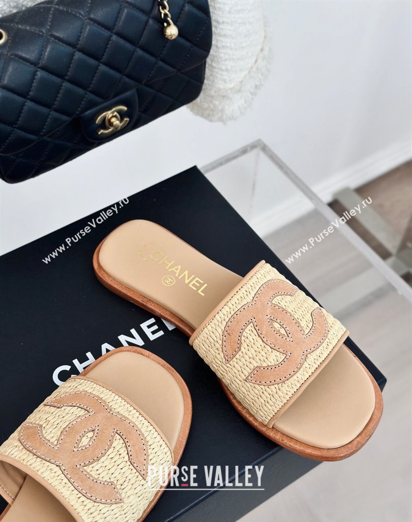 Chanel Raffia Straw Flat Slide Sandals Beige 2024 0424 (MD-240424149)