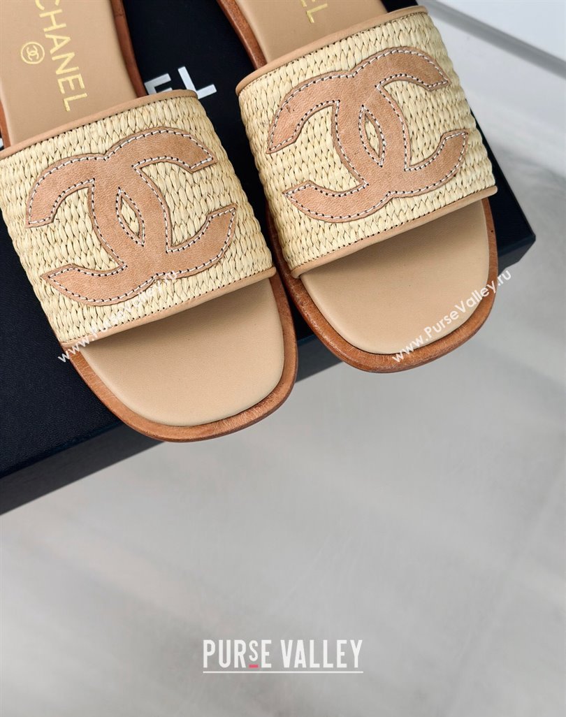 Chanel Raffia Straw Flat Slide Sandals Beige 2024 0424 (MD-240424149)