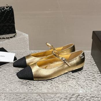 Chanel Lambskin Grosgrain Mary Janes Flat Ballet Gold 2024 0423 (MD-240423102)