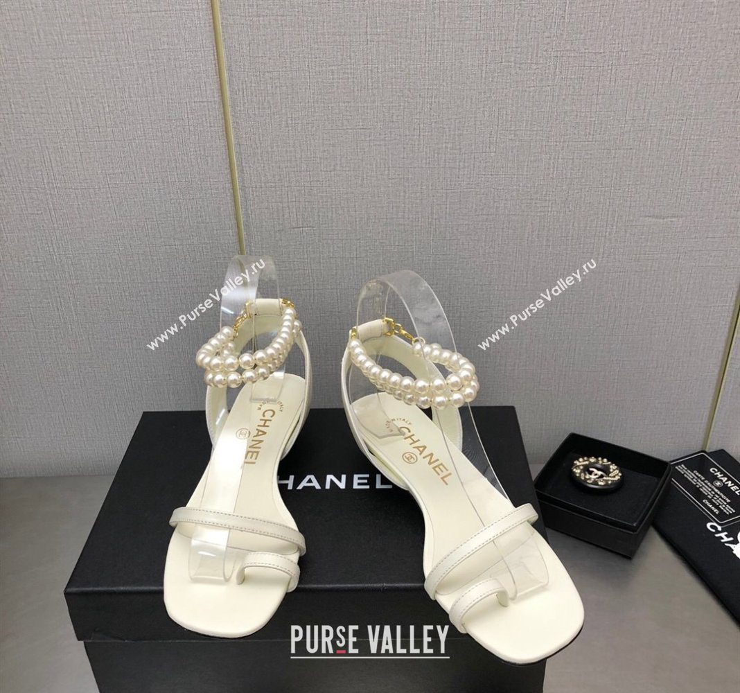 Chanel Lambskin Heel Sandals with Pearls Ankle Strap White 2024 0423 (MD-240423003)