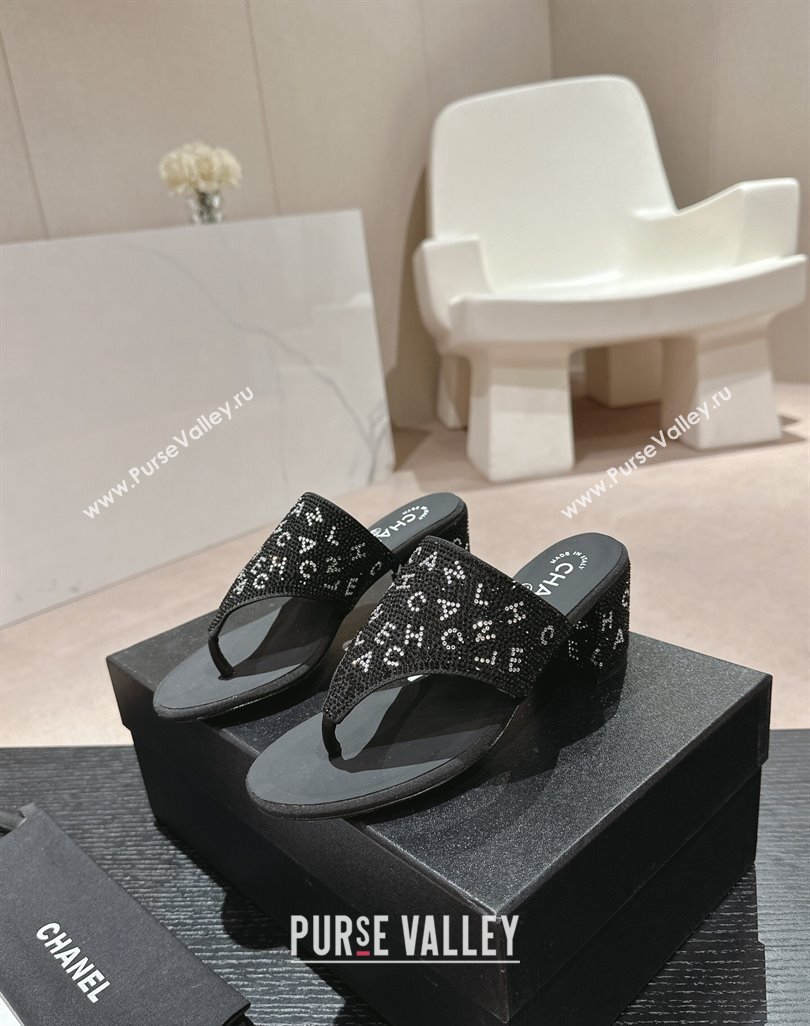 Chanel Crystals Heel Thong Slide Sandals 4.5cm with Letters Black 2024 0424 (MD-240424160)