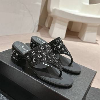 Chanel Crystals Heel Thong Slide Sandals 4.5cm with Letters Black 2024 0424 (MD-240424160)