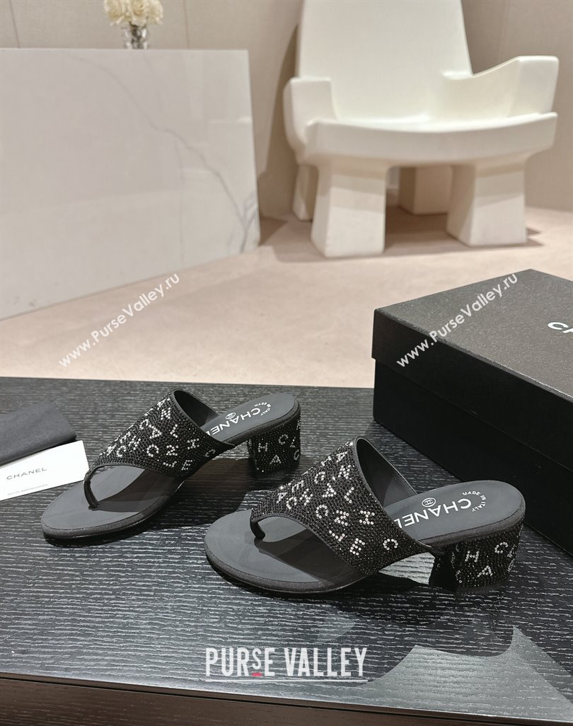 Chanel Crystals Heel Thong Slide Sandals 4.5cm with Letters Black 2024 0424 (MD-240424160)