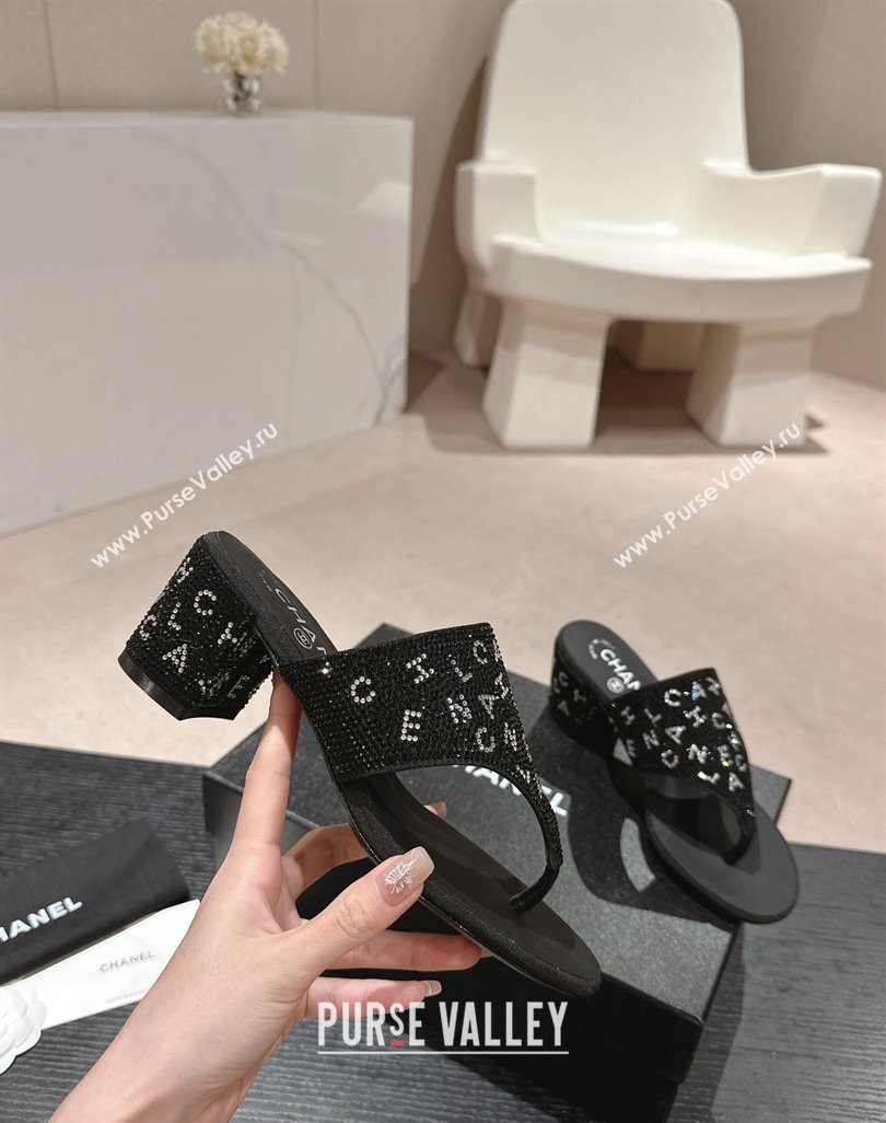 Chanel Crystals Heel Thong Slide Sandals 4.5cm with Letters Black 2024 0424 (MD-240424160)