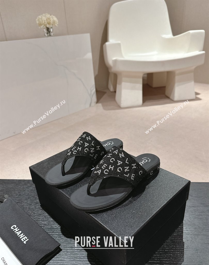 Chanel Crystals Flat Thong Slide Sandals with Letters Black 2024 0424 (MD-240424166)