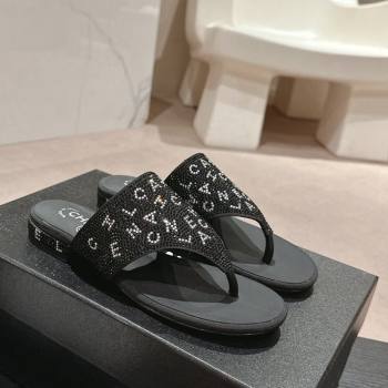 Chanel Crystals Flat Thong Slide Sandals with Letters Black 2024 0424 (MD-240424166)