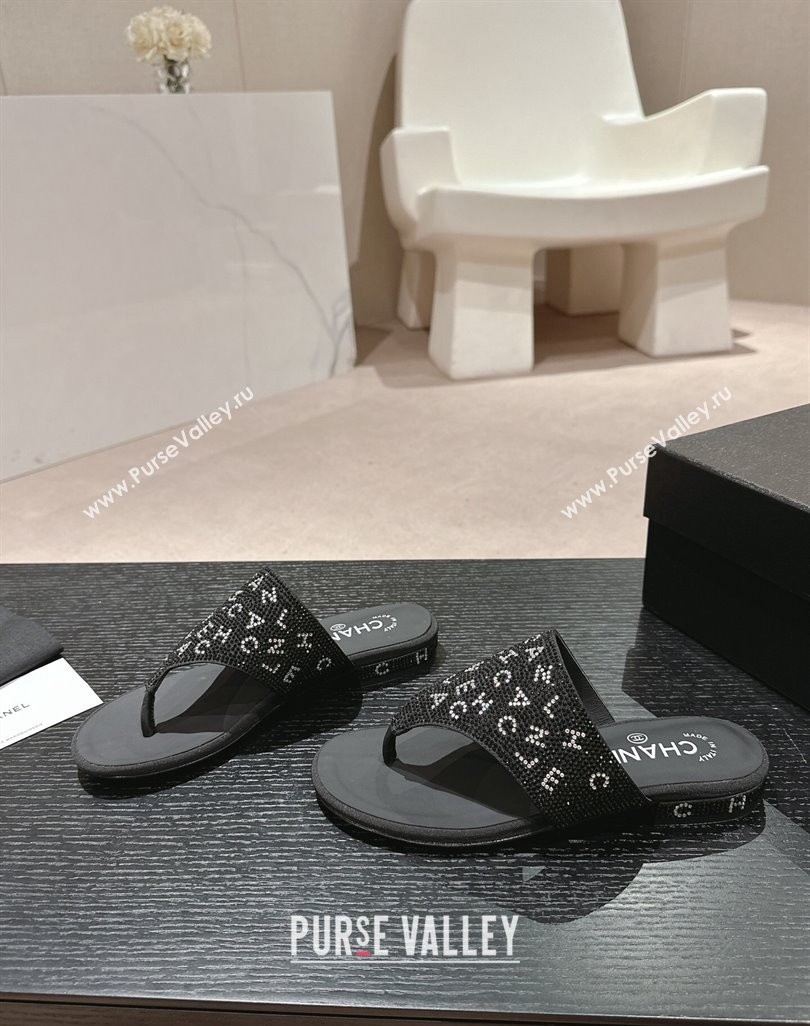 Chanel Crystals Flat Thong Slide Sandals with Letters Black 2024 0424 (MD-240424166)