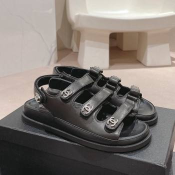 Chanel Lambskin Flat Sandals with Triple Straps and Crystals CC Black 2024 042301 (MD-240423026)