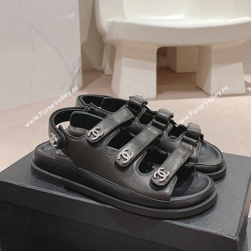 Chanel Lambskin Flat Sandals with Triple Straps and Crystals CC Black 2024 042301 (MD-240423026)