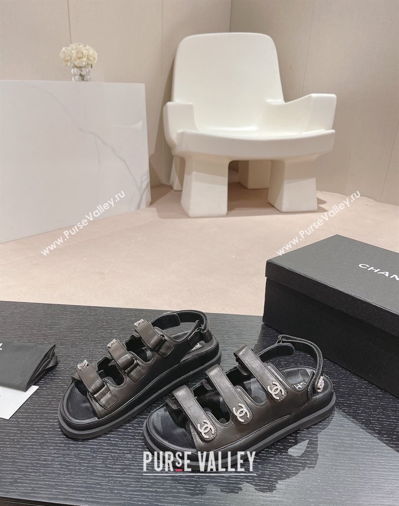 Chanel Lambskin Flat Sandals with Triple Straps and Crystals CC Black 2024 042301 (MD-240423026)