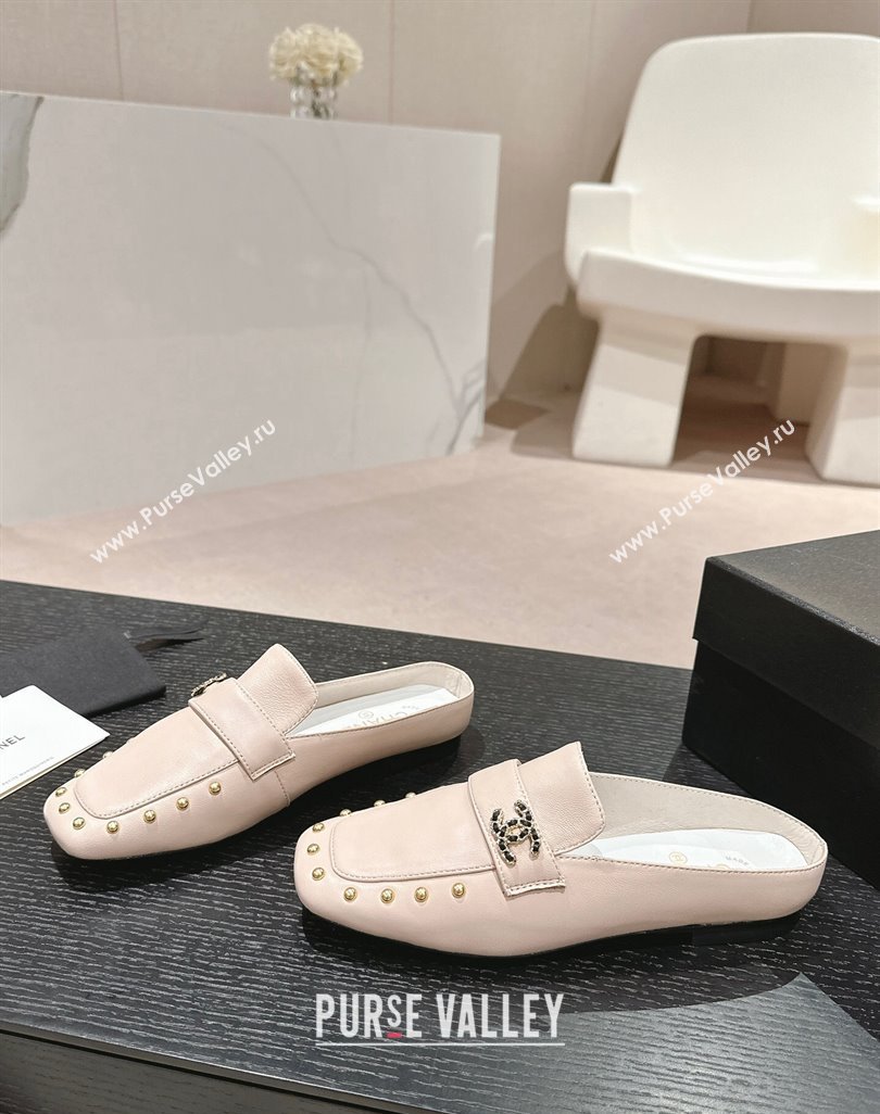 Chanel Calfskin Leather Flat Mules with Pearls Pink 2024 0424 (MD-240424181)