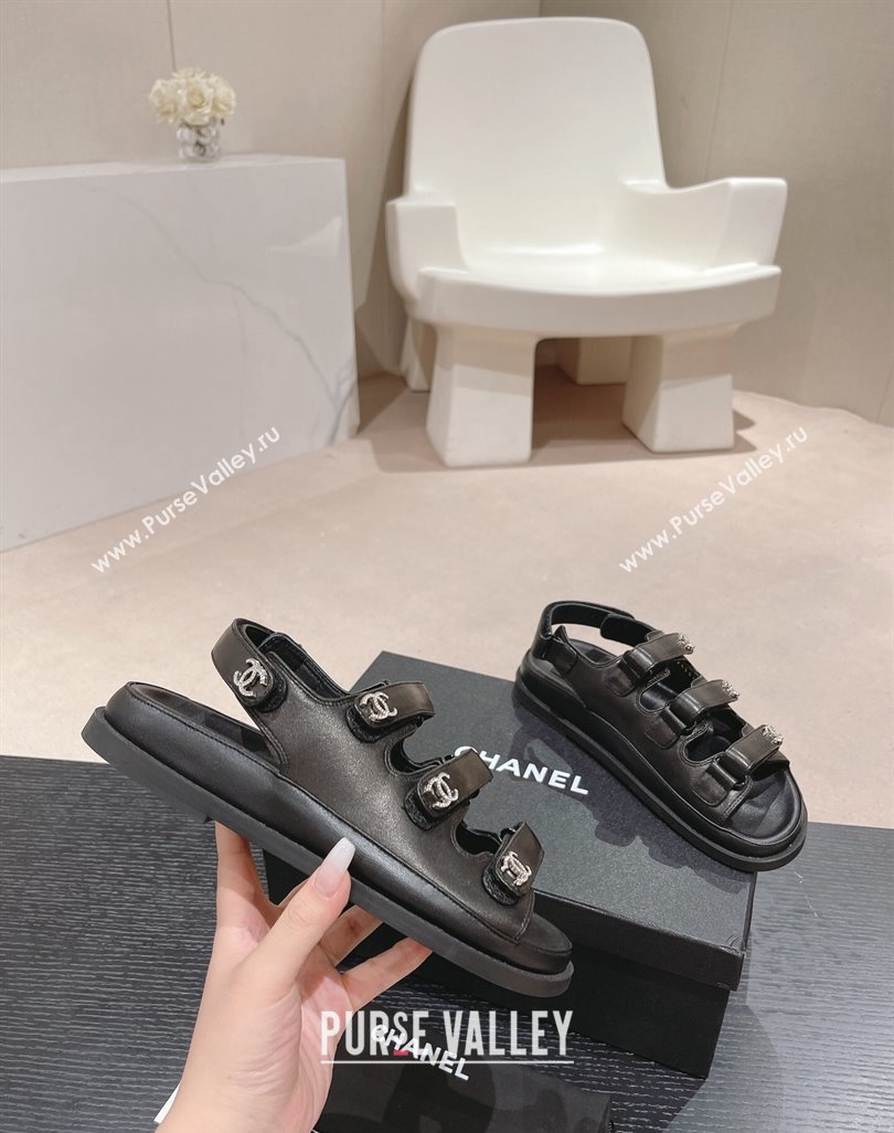 Chanel Lambskin Flat Sandals with Triple Straps and Crystals CC Black 2024 042301 (MD-240423026)