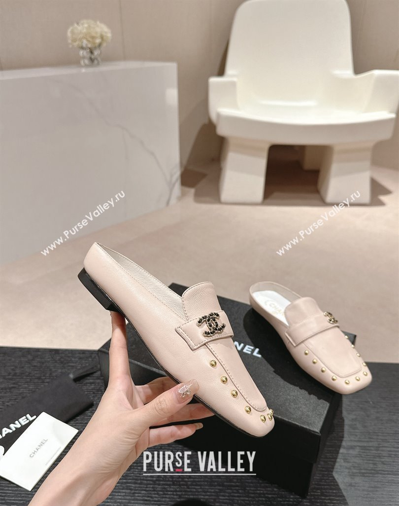 Chanel Calfskin Leather Flat Mules with Pearls Pink 2024 0424 (MD-240424181)