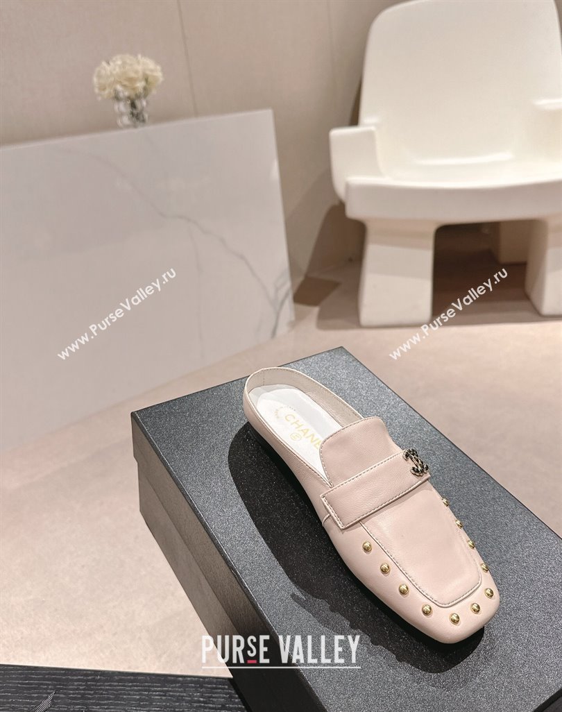 Chanel Calfskin Leather Flat Mules with Pearls Pink 2024 0424 (MD-240424181)