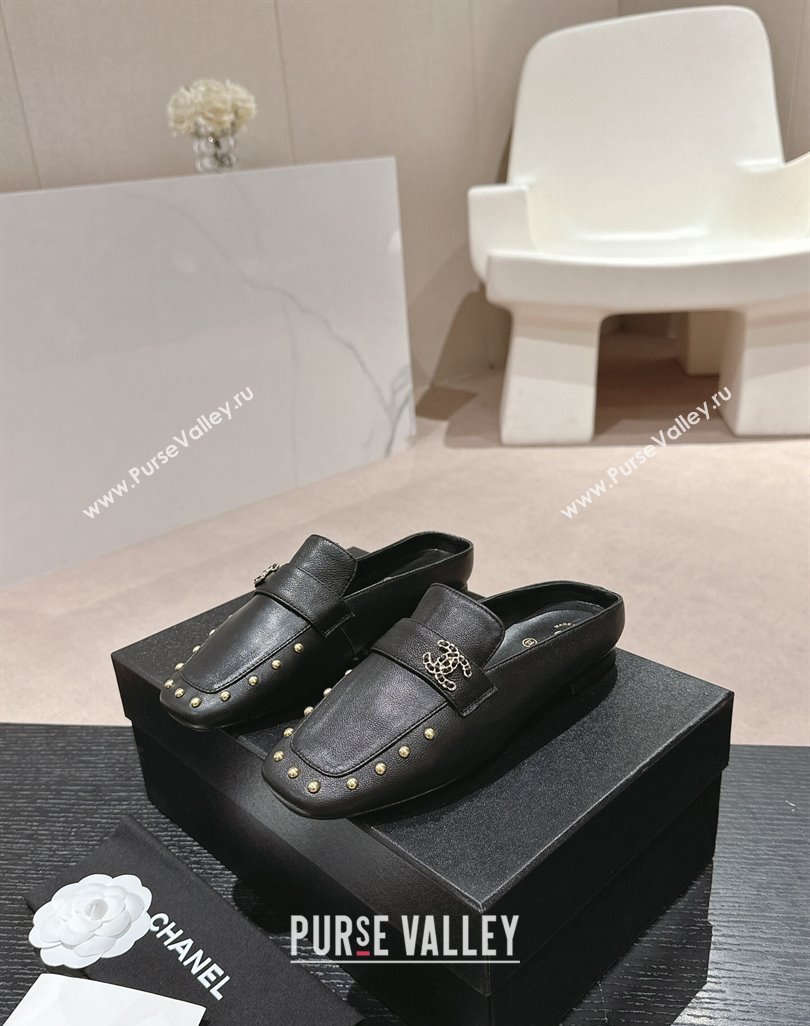 Chanel Calfskin Leather Flat Mules with Pearls Black 2024 0424 (MD-240424182)