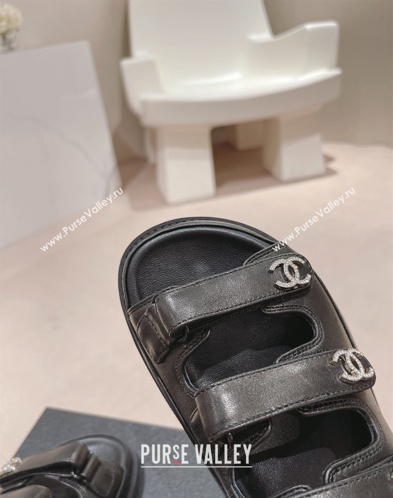 Chanel Lambskin Flat Sandals with Triple Straps and Crystals CC Black 2024 042301 (MD-240423026)
