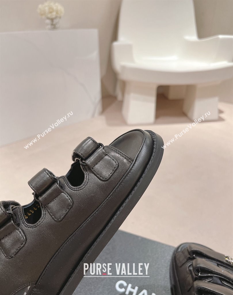 Chanel Lambskin Flat Sandals with Triple Straps and Crystals CC Black 2024 042301 (MD-240423026)