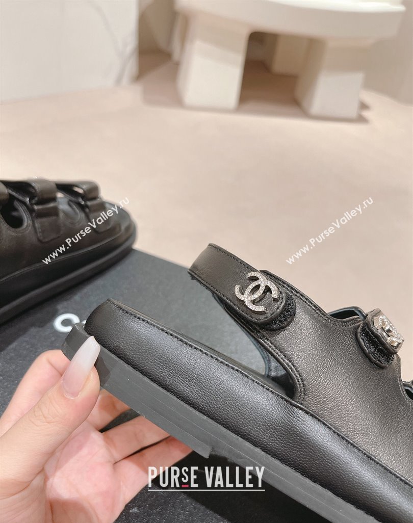 Chanel Lambskin Flat Sandals with Triple Straps and Crystals CC Black 2024 042301 (MD-240423026)