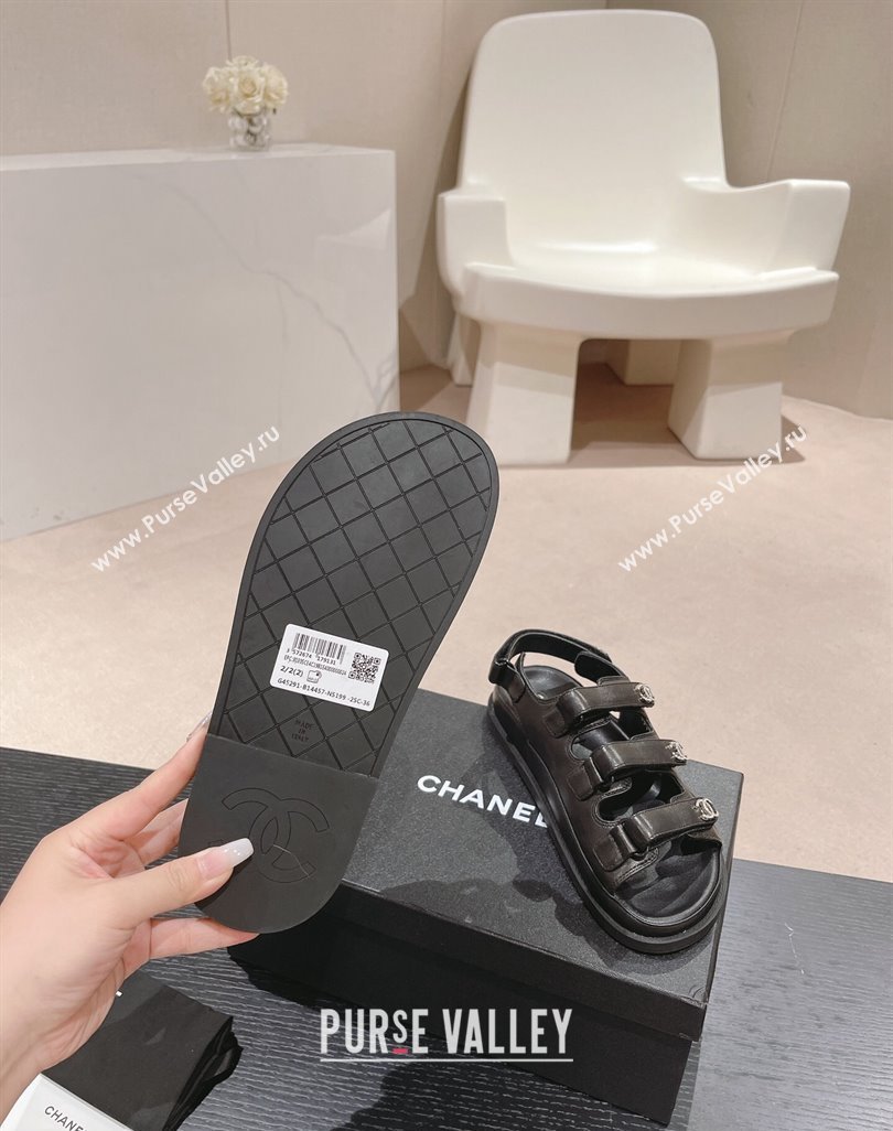 Chanel Lambskin Flat Sandals with Triple Straps and Crystals CC Black 2024 042301 (MD-240423026)
