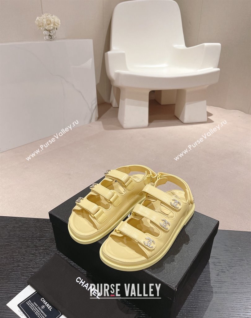 Chanel Lambskin Flat Sandals with Triple Straps and Crystals CC Yellow 2024 042301 (MD-240423027)