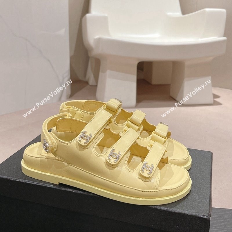 Chanel Lambskin Flat Sandals with Triple Straps and Crystals CC Yellow 2024 042301 (MD-240423027)