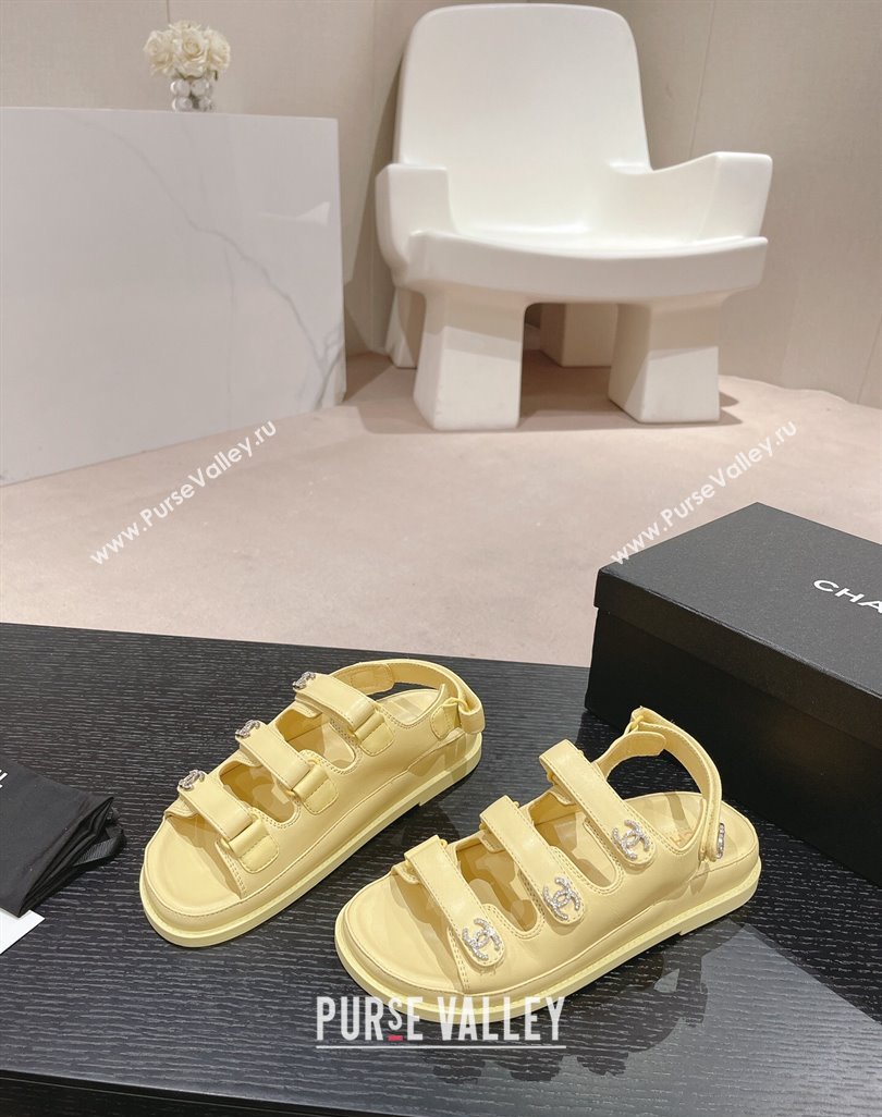 Chanel Lambskin Flat Sandals with Triple Straps and Crystals CC Yellow 2024 042301 (MD-240423027)