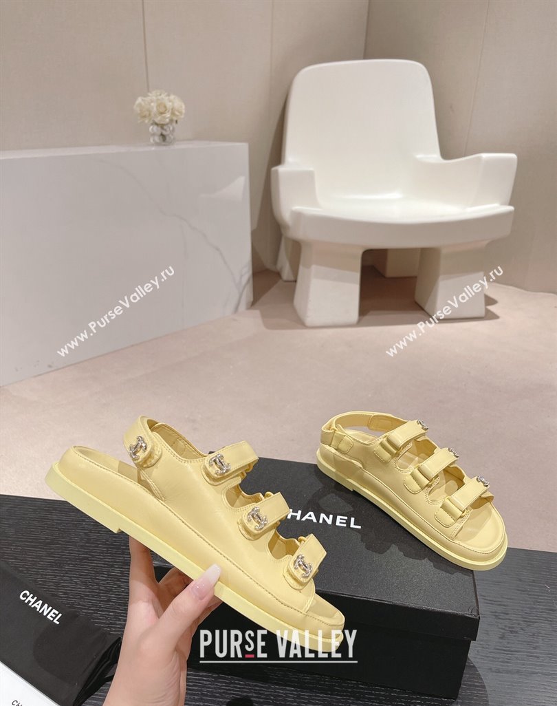 Chanel Lambskin Flat Sandals with Triple Straps and Crystals CC Yellow 2024 042301 (MD-240423027)