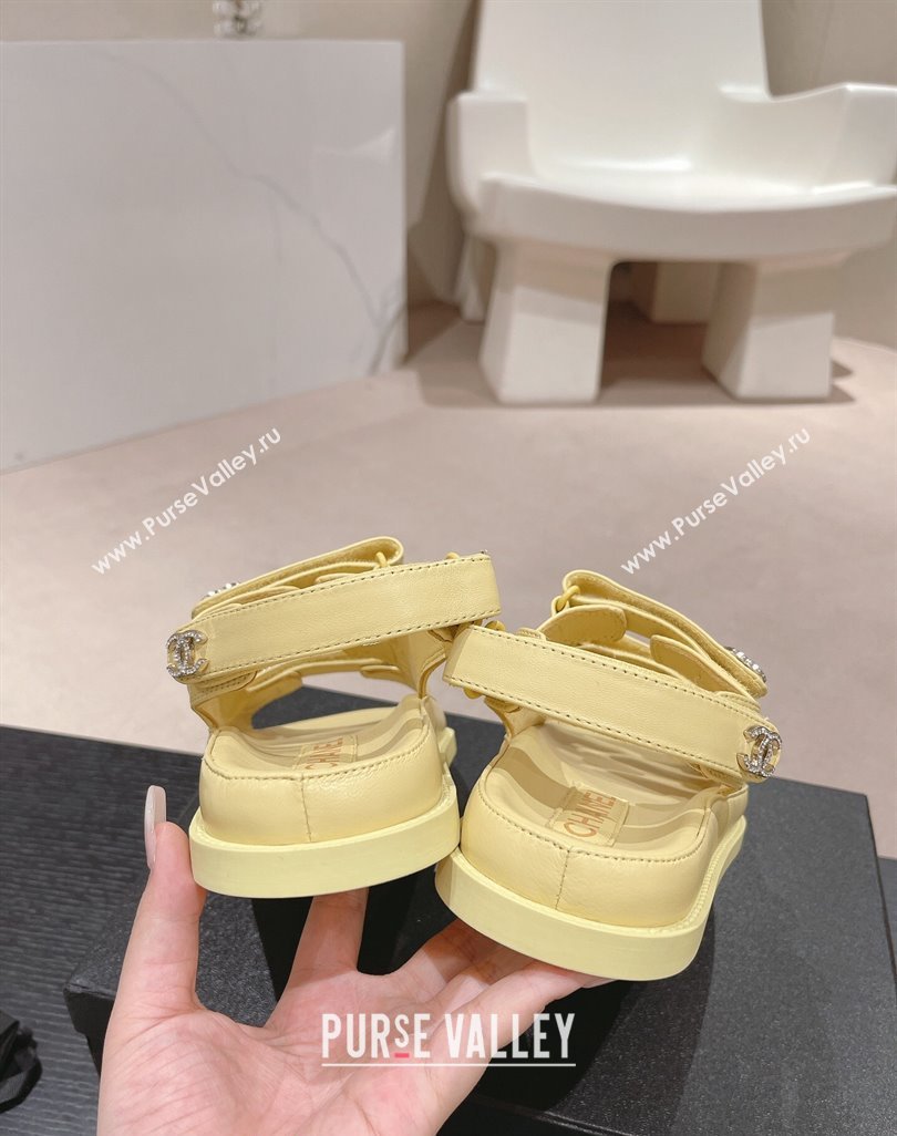 Chanel Lambskin Flat Sandals with Triple Straps and Crystals CC Yellow 2024 042301 (MD-240423027)