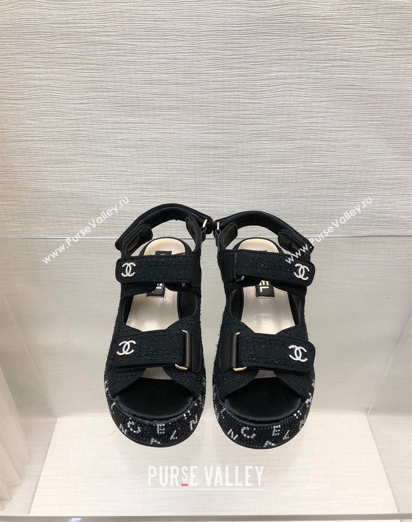 Chanel Tweed Wedge Sandals with Crystals and Letters Black 2 2024 0423 (MD-240423004)