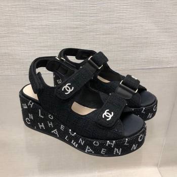 Chanel Tweed Wedge Sandals with Crystals and Letters Black 2 2024 0423 (MD-240423004)