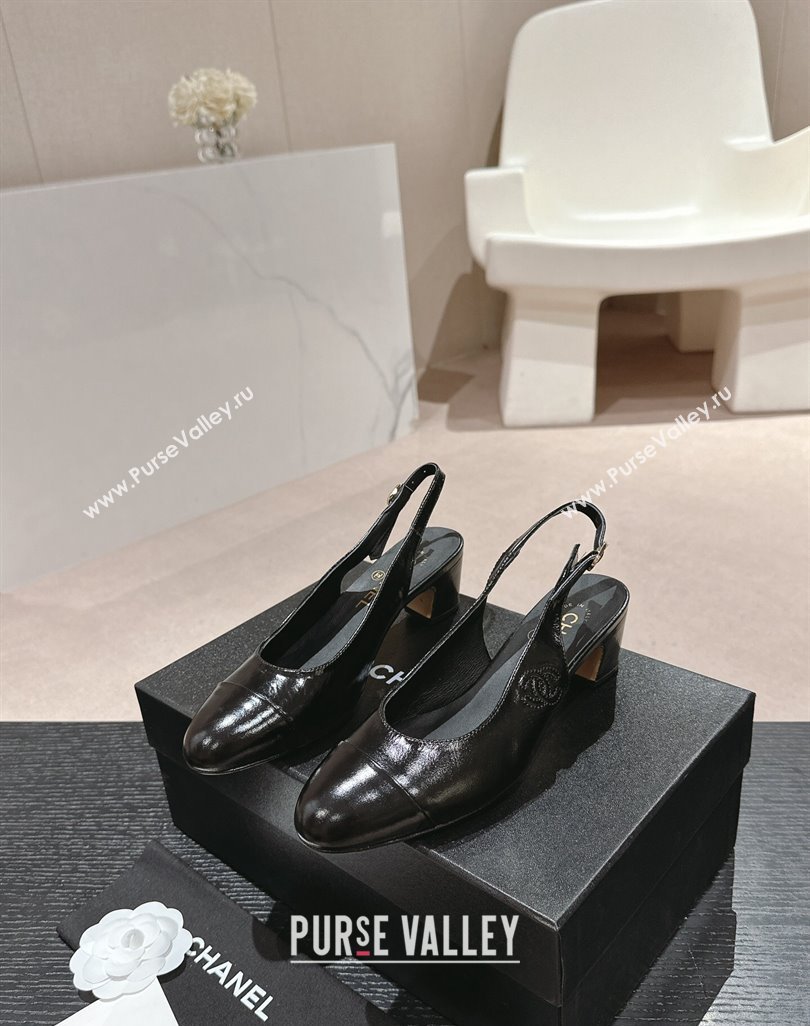 Chanel Calfskin Slingback Pumps 5cm with Side CC G45566 Shiny Black 2024 (MD-240424003)