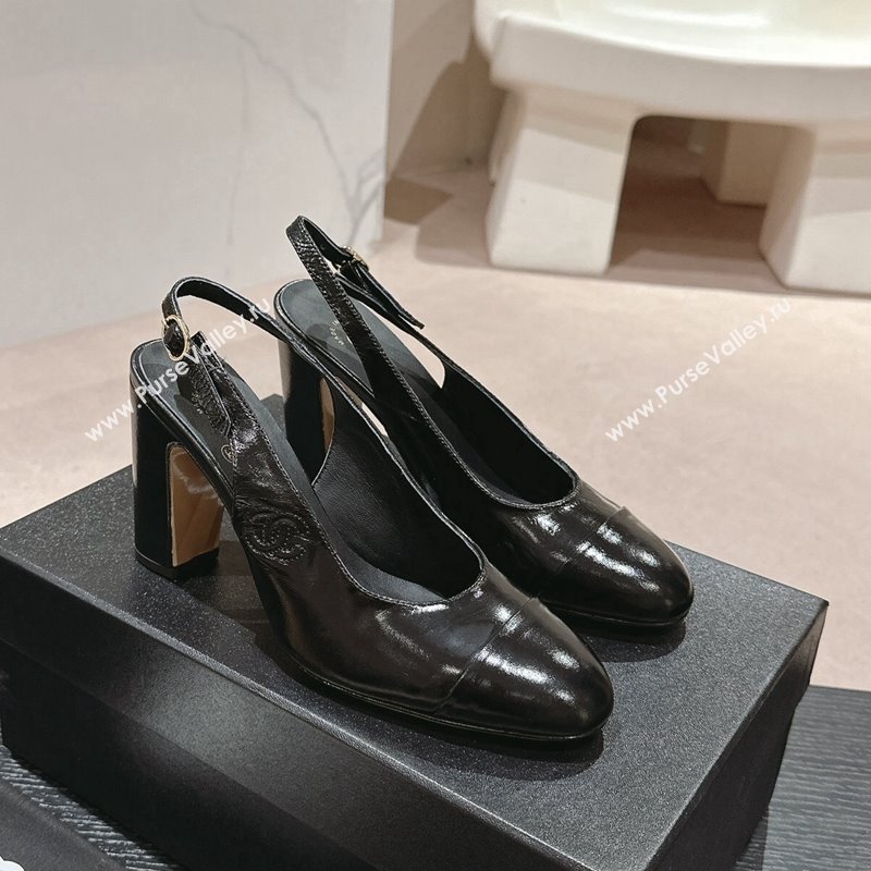 Chanel Calfskin Slingback Pumps 9cm with Side CC G45566 Shiny Black 2024 (MD-240424006)