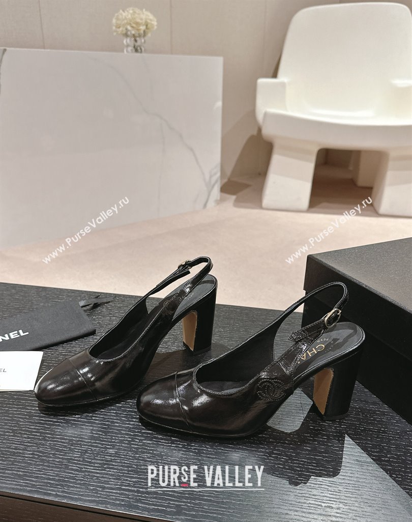 Chanel Calfskin Slingback Pumps 9cm with Side CC G45566 Shiny Black 2024 (MD-240424006)