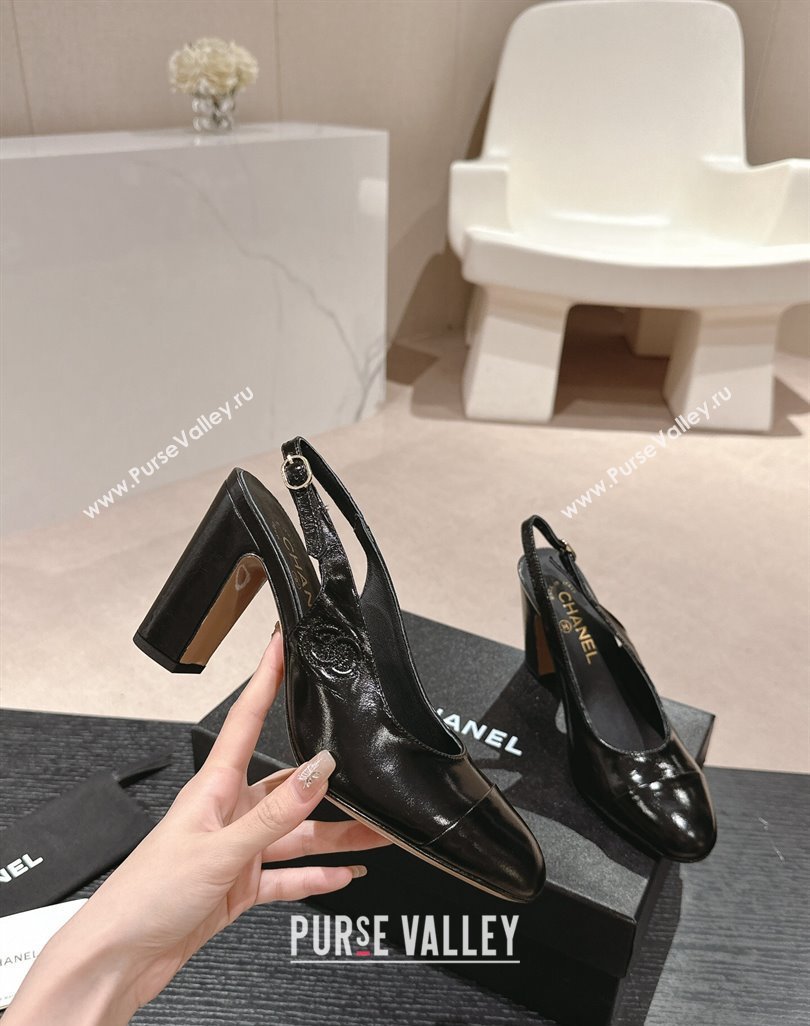 Chanel Calfskin Slingback Pumps 9cm with Side CC G45566 Shiny Black 2024 (MD-240424006)