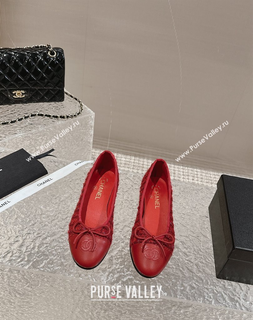 Chanel Tweed Calfskin Ballet Flat with Bow G02819 Red 2024 0423 (MD-240423146)