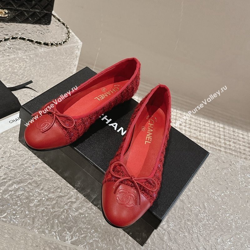 Chanel Tweed Calfskin Ballet Flat with Bow G02819 Red 2024 0423 (MD-240423146)