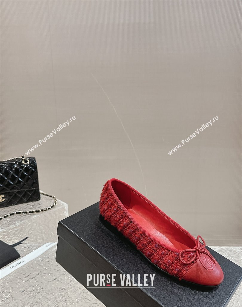 Chanel Tweed Calfskin Ballet Flat with Bow G02819 Red 2024 0423 (MD-240423146)