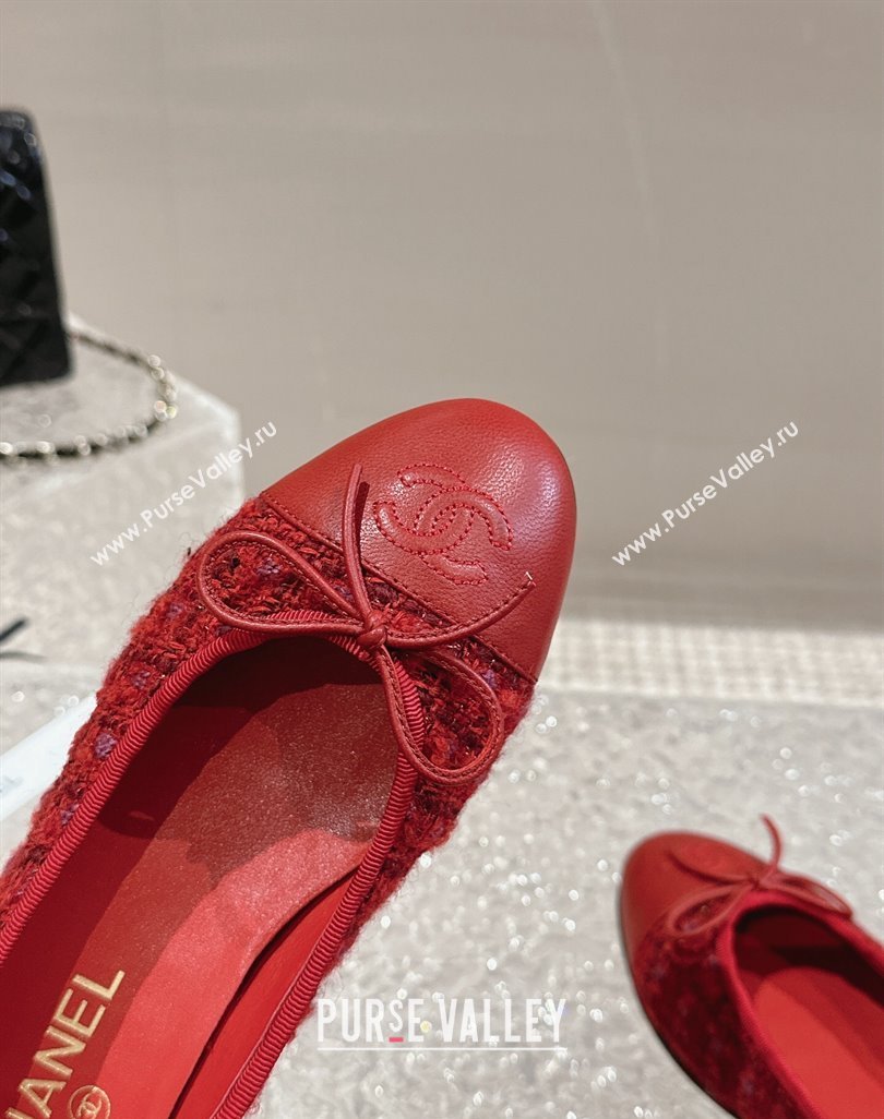 Chanel Tweed Calfskin Ballet Flat with Bow G02819 Red 2024 0423 (MD-240423146)