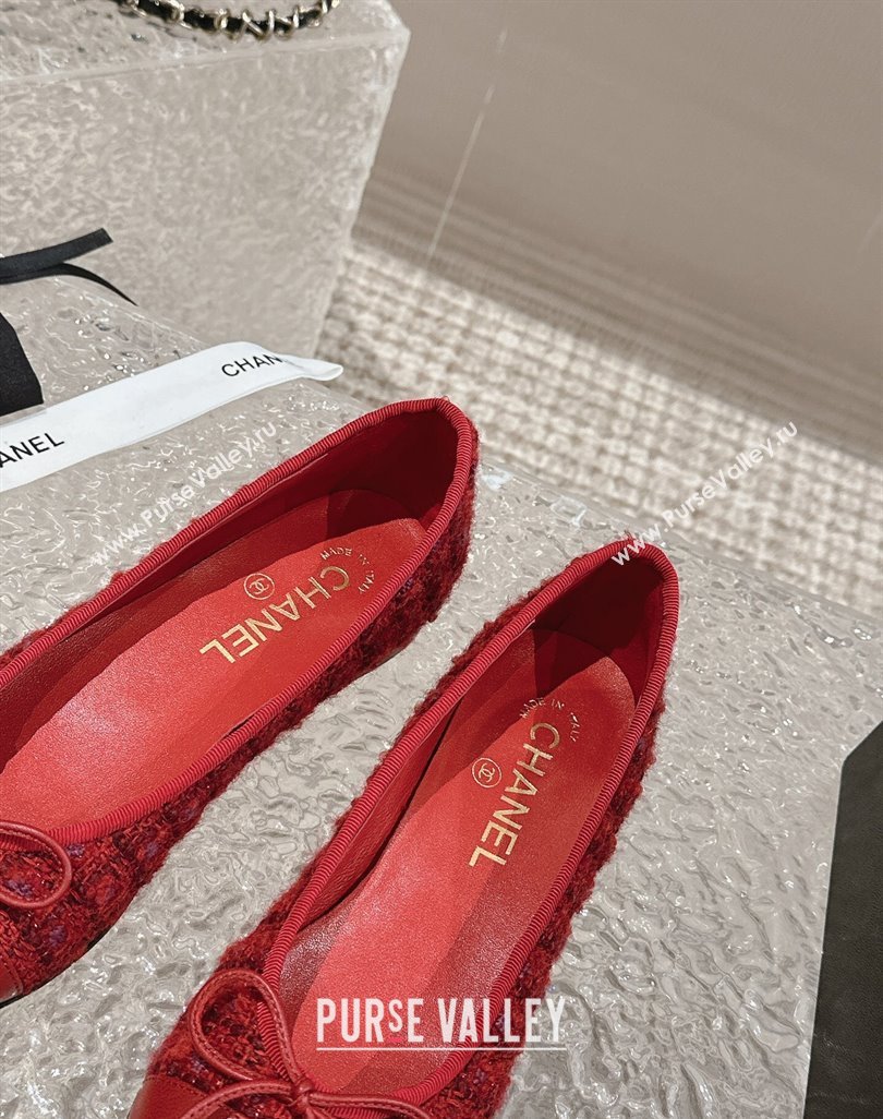 Chanel Tweed Calfskin Ballet Flat with Bow G02819 Red 2024 0423 (MD-240423146)