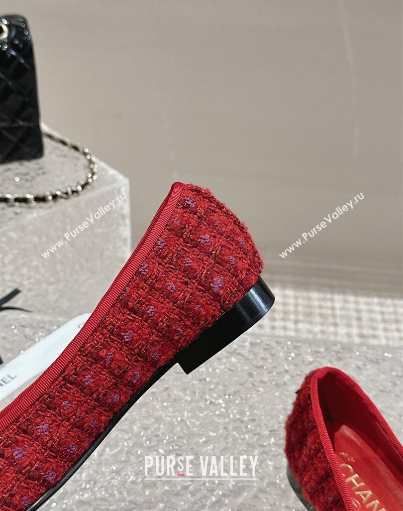 Chanel Tweed Calfskin Ballet Flat with Bow G02819 Red 2024 0423 (MD-240423146)