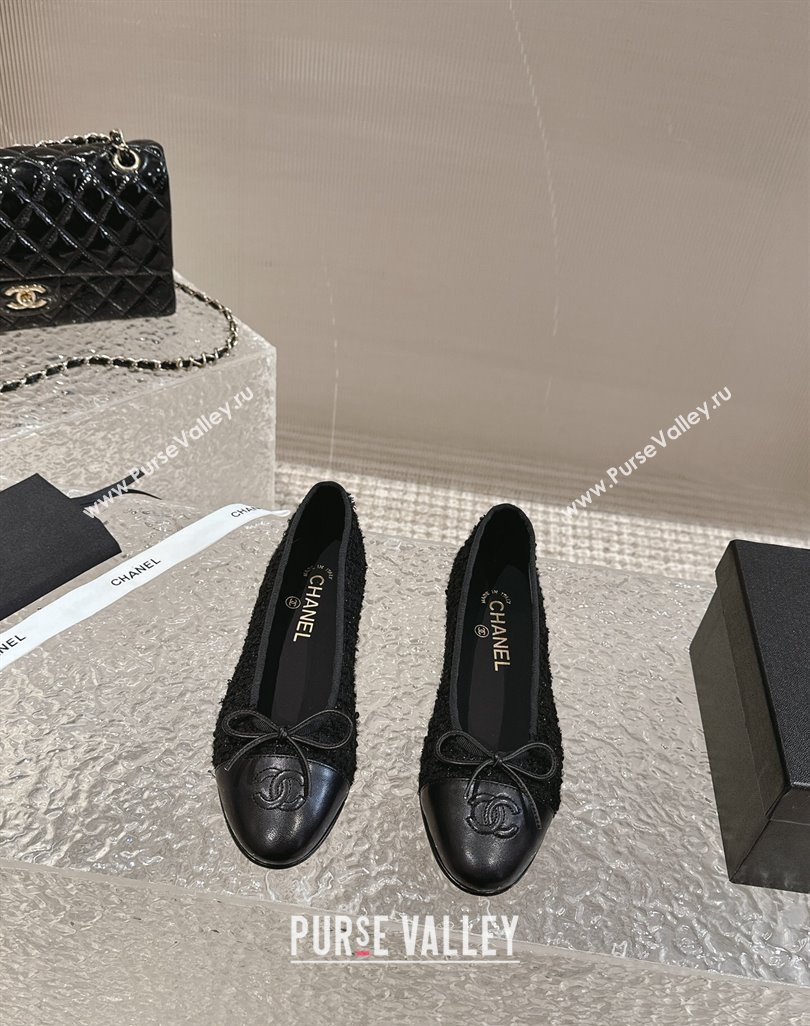 Chanel Tweed Calfskin Ballet Flat with Bow G02819 Black 2024 0423 (MD-240423147)