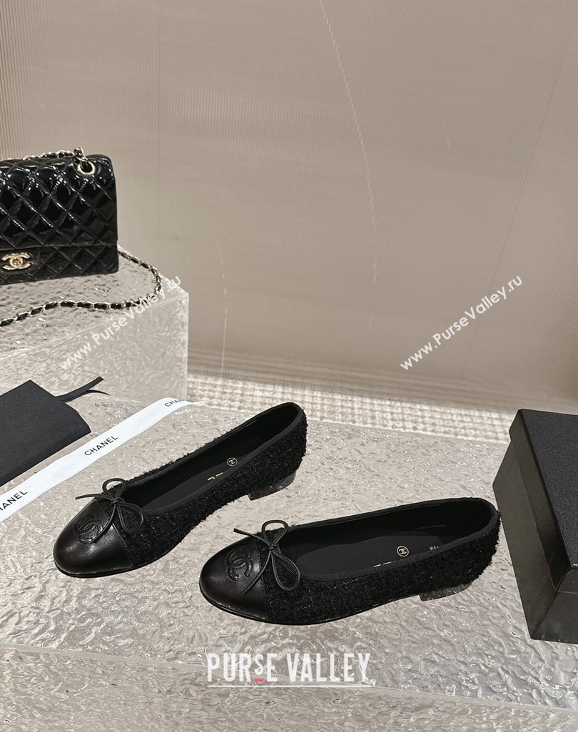 Chanel Tweed Calfskin Ballet Flat with Bow G02819 Black 2024 0423 (MD-240423147)