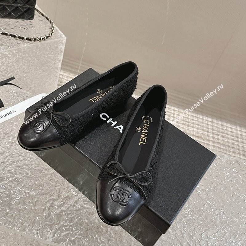 Chanel Tweed Calfskin Ballet Flat with Bow G02819 Black 2024 0423 (MD-240423147)