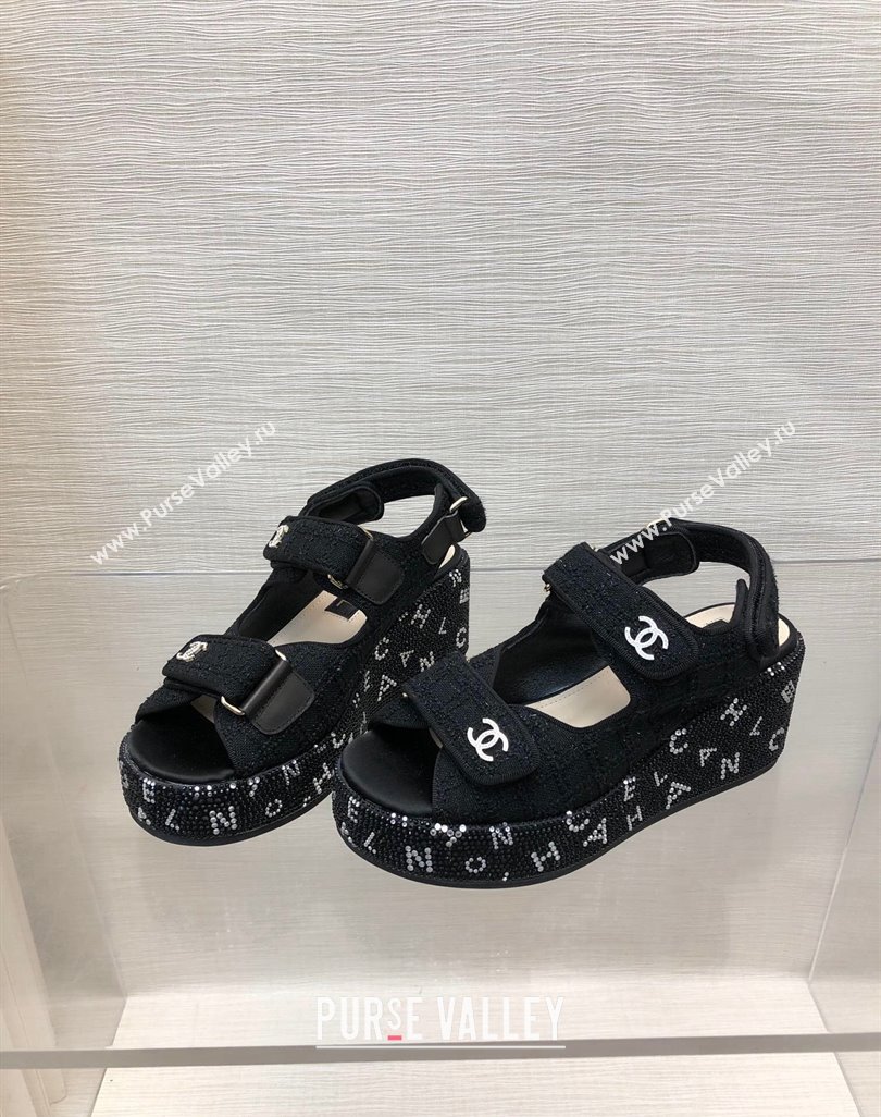 Chanel Tweed Wedge Sandals with Crystals and Letters Black 2 2024 0423 (MD-240423004)