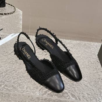 Chanel Tweed Calfskin Slingbacks Flat Black 2024 0423 (MD-240423148)