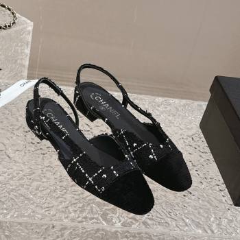 Chanel Tweed Grosgrain Slingbacks Flat Black 2024 0423 (MD-240423150)