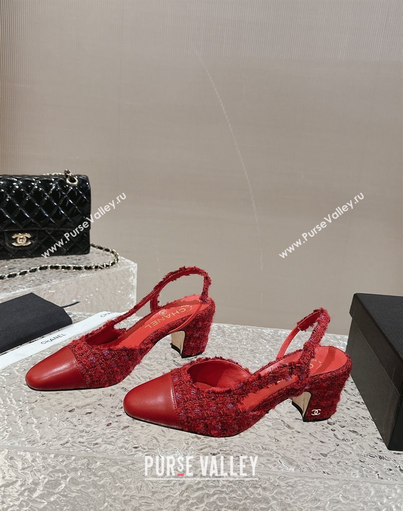 Chanel Tweed Calfskin Leather Slingbacks Pumps 6.5cm G31318 Red 2024 (MD-240423152)