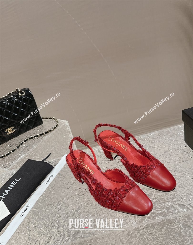 Chanel Tweed Calfskin Leather Slingbacks Pumps 6.5cm G31318 Red 2024 (MD-240423152)
