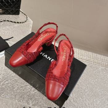 Chanel Tweed Calfskin Leather Slingbacks Pumps 6.5cm G31318 Red 2024 (MD-240423152)